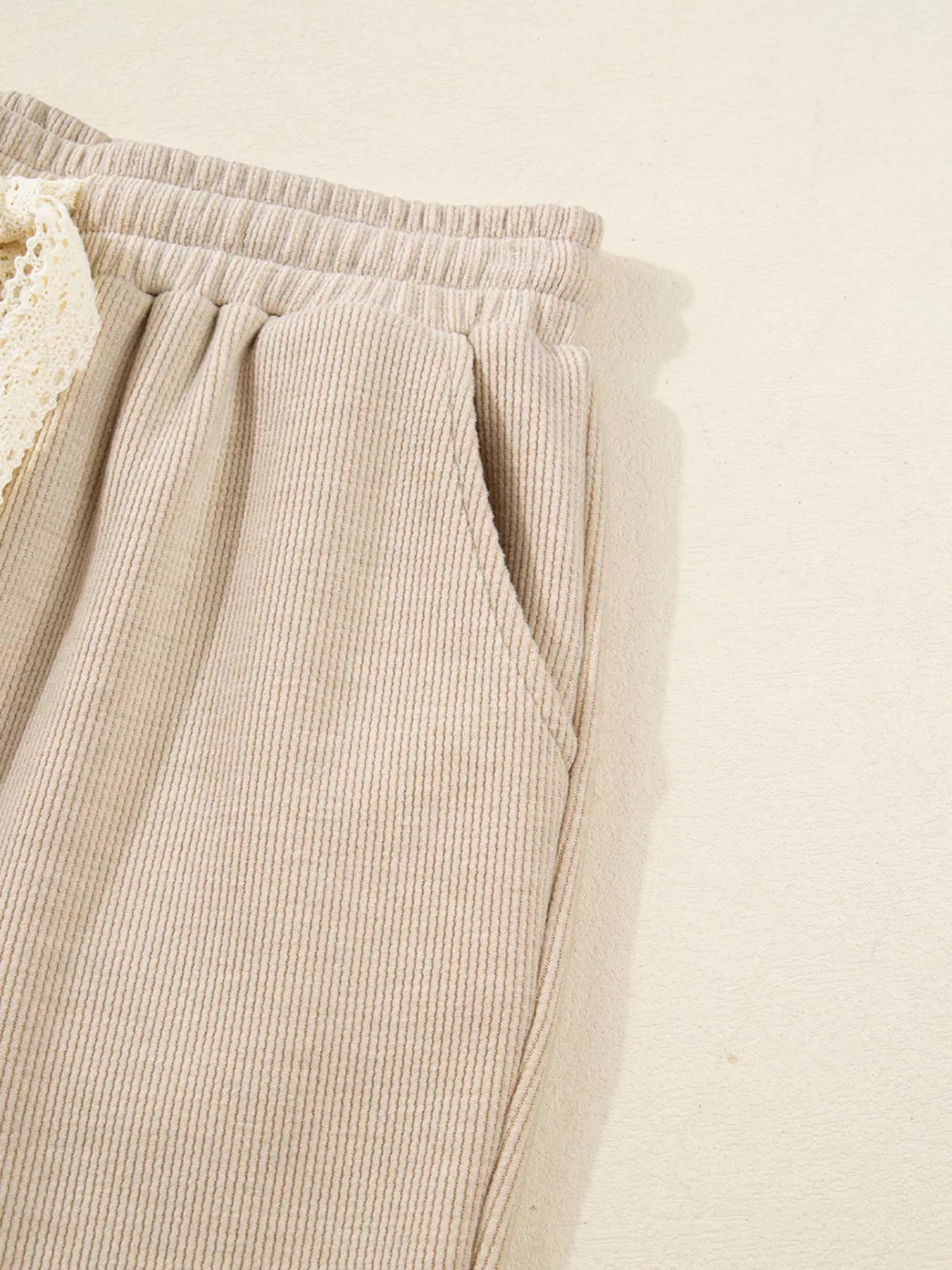 Lace Drawstring Hoodie and High Waist Pants Corduroy Suit Trendsi