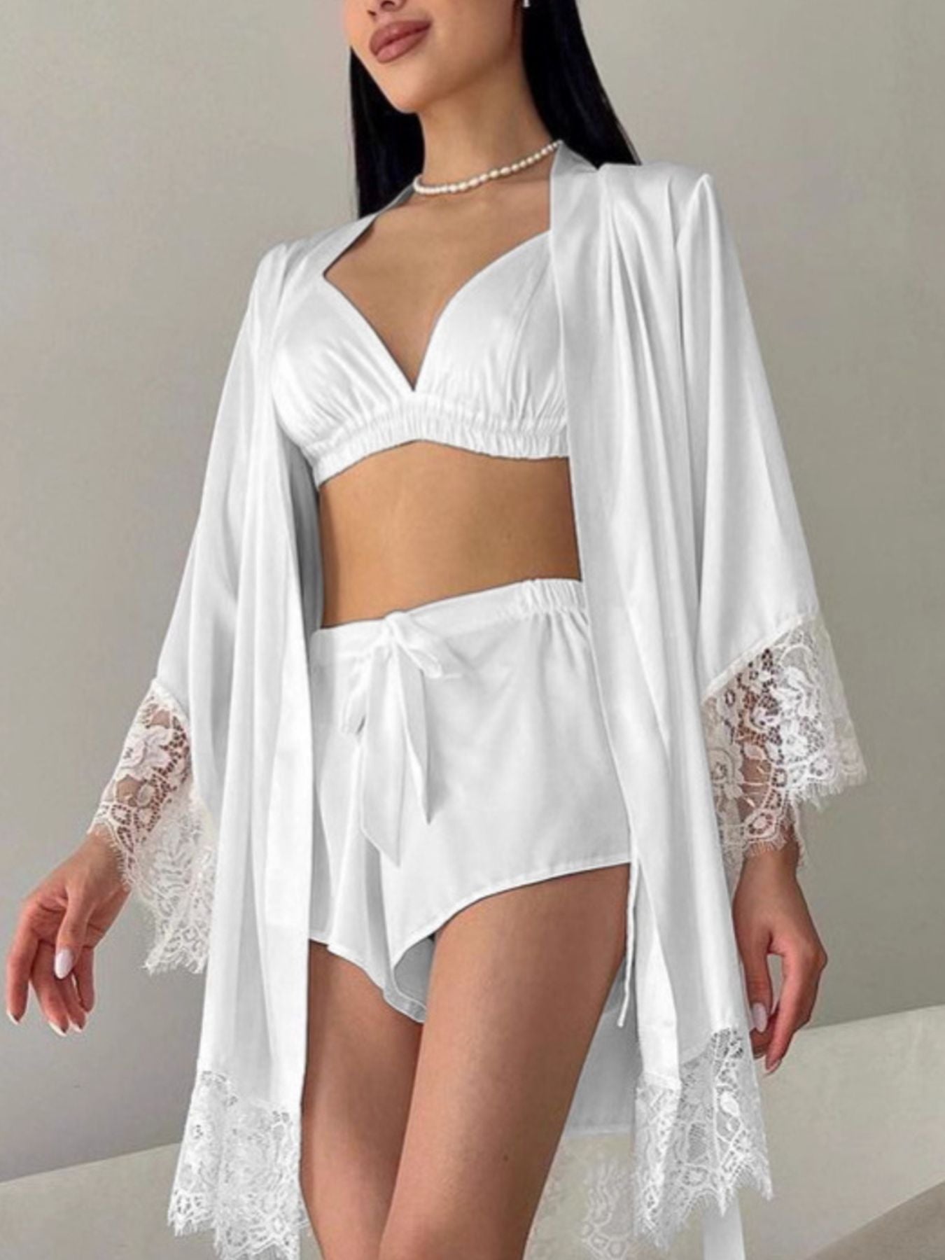 Cami & Lace Trim Cardigan & Shorts Lounge Set Trendsi