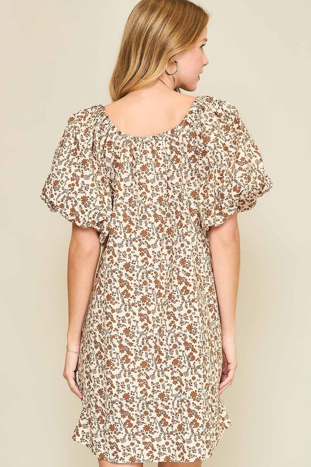 Umgee Full Size Lace Tape Drawstring Floral Puff Sleeve Mini Dress Plus Size Trendsi