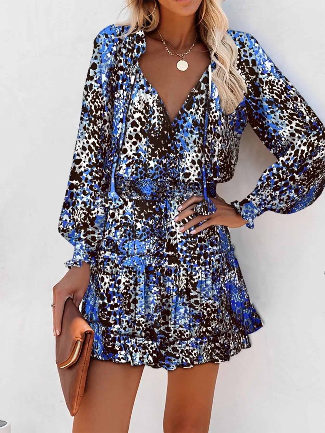 Tie Neck Lantern Sleeve Dress Trendsi