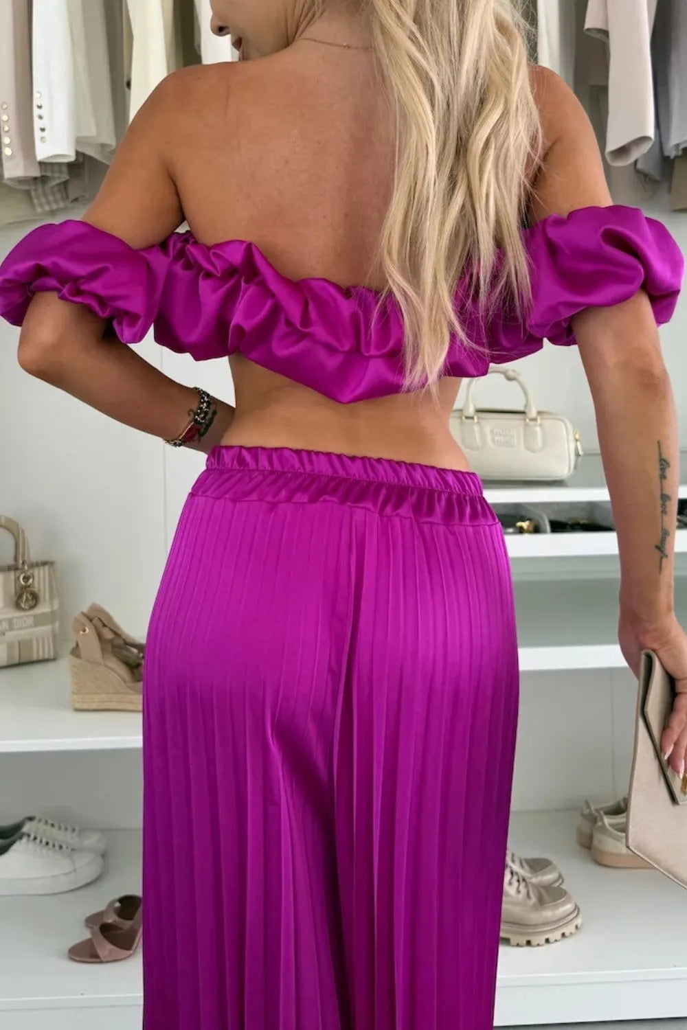 Off-Shoulder Top and Pleated Pants Set Luckygirlsclothingcompany.com