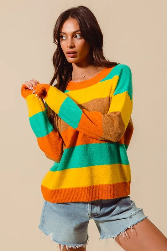 SO ME Multi Color Stripe Sweater with Ribbed Detail 