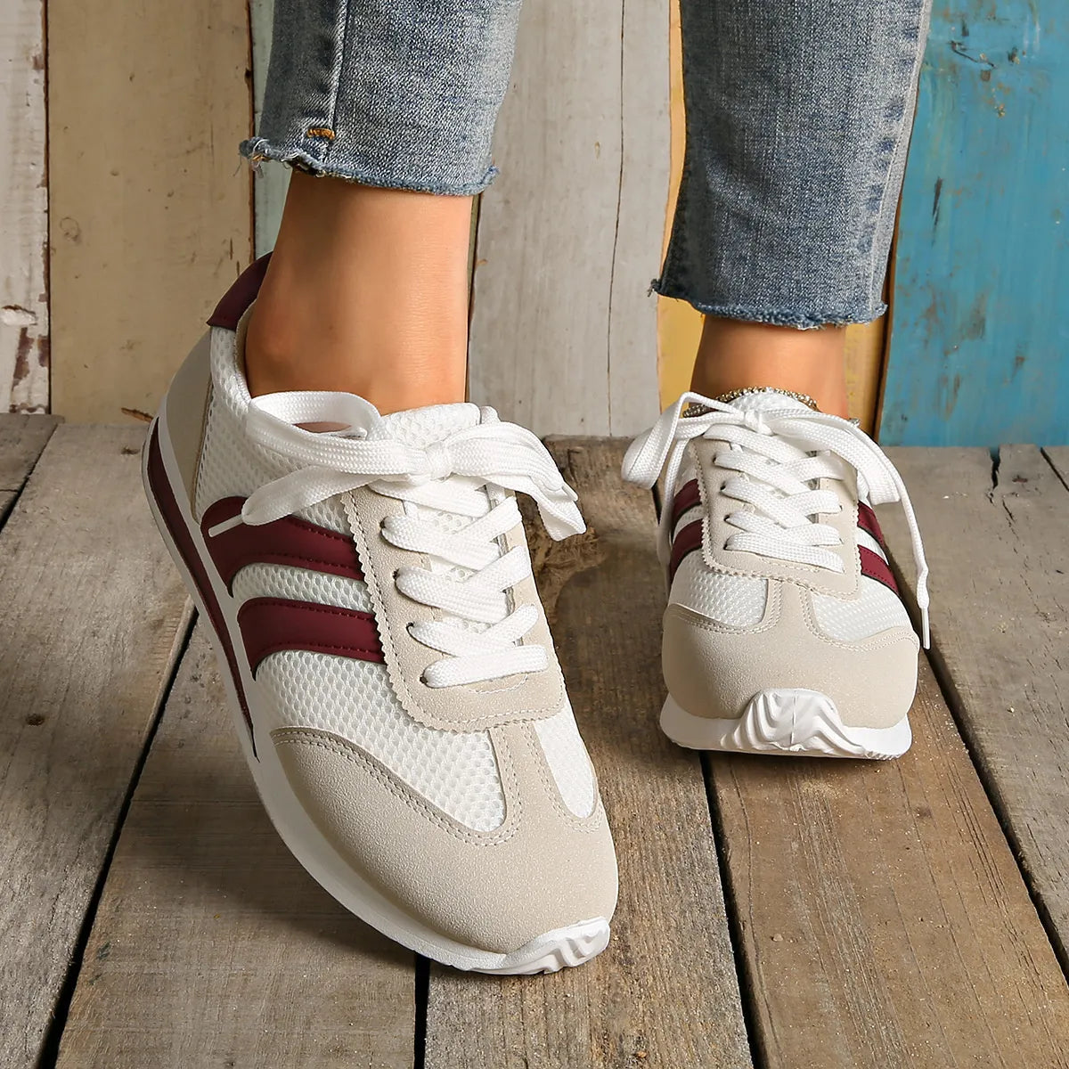 Striped Contrast Mesh Lace Up Sneakers 