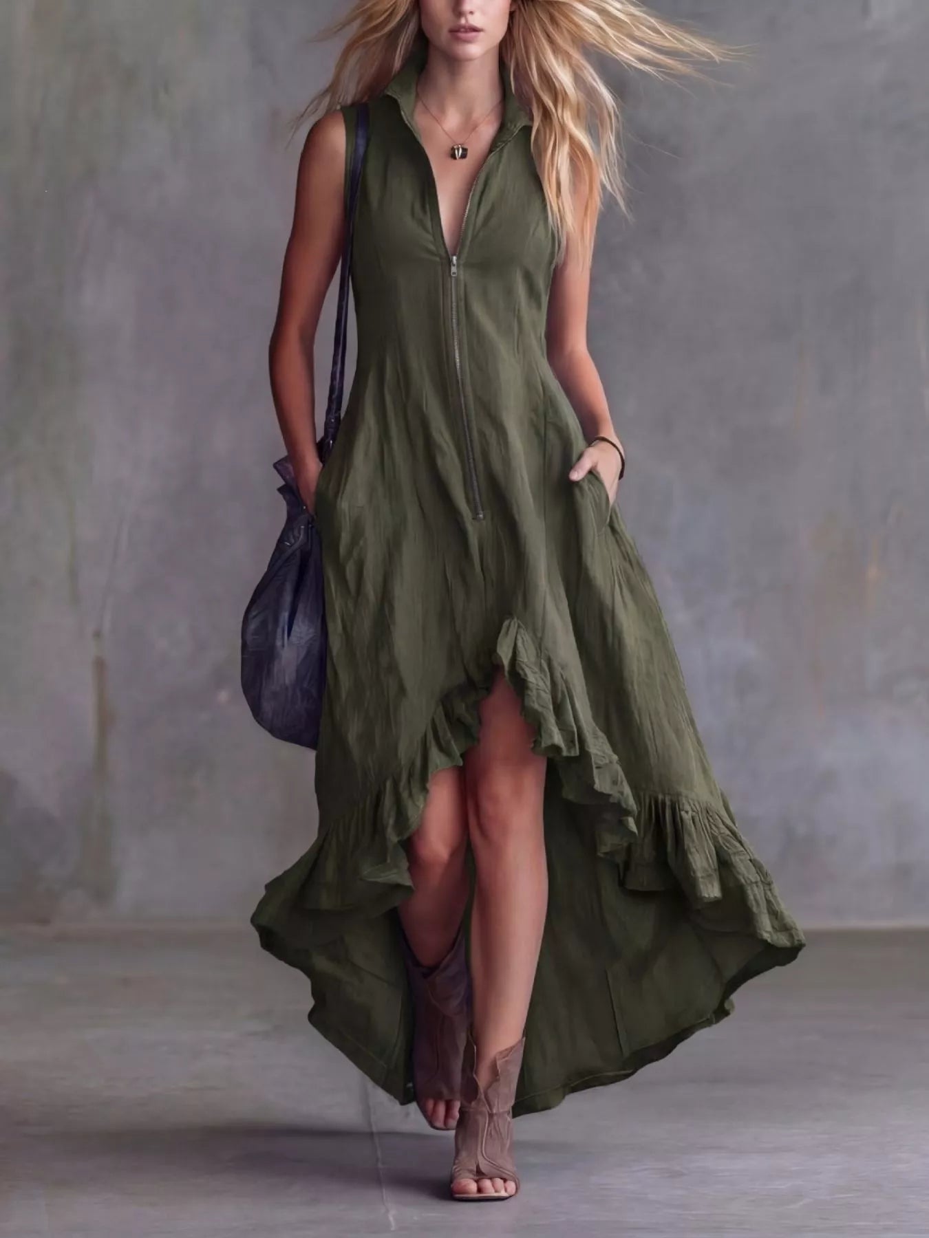 Full Size High-Low Ruffled Zip Front Dress Plus Size Trendsi
