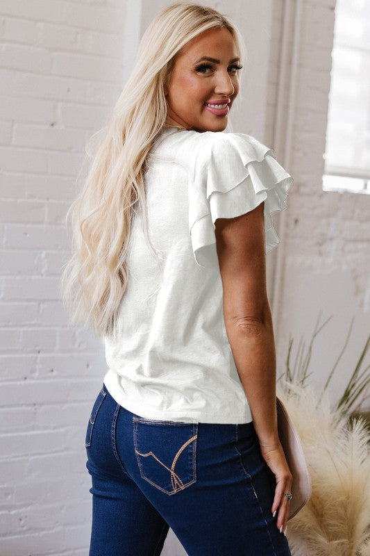 Solid Layered Ruffle Short Sleeve Round Neck Top JUNIPER BLVD