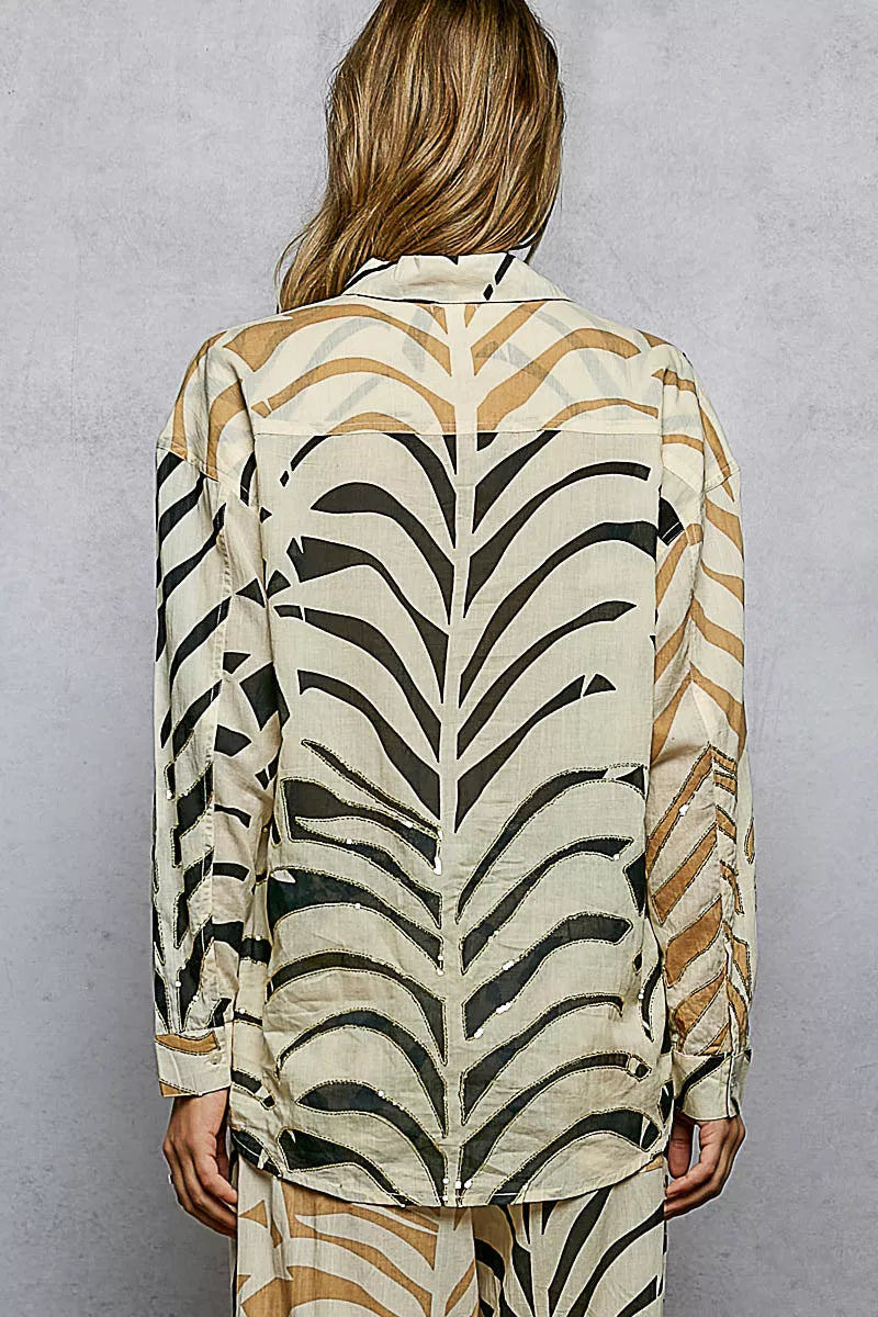 POL Two-Tone Printed Woven Spangle Long Sleeve Shirt 
