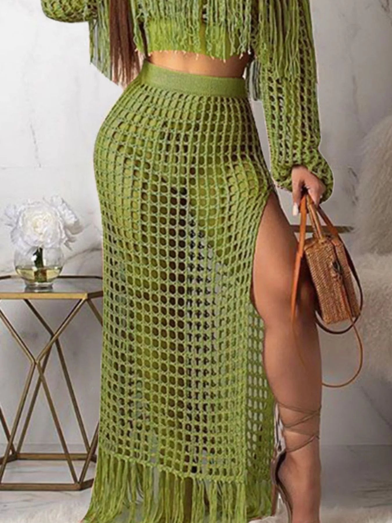 Full Size Crochet Off-Shoulder Fringe Top and Skirt Set Plus Size Trendsi