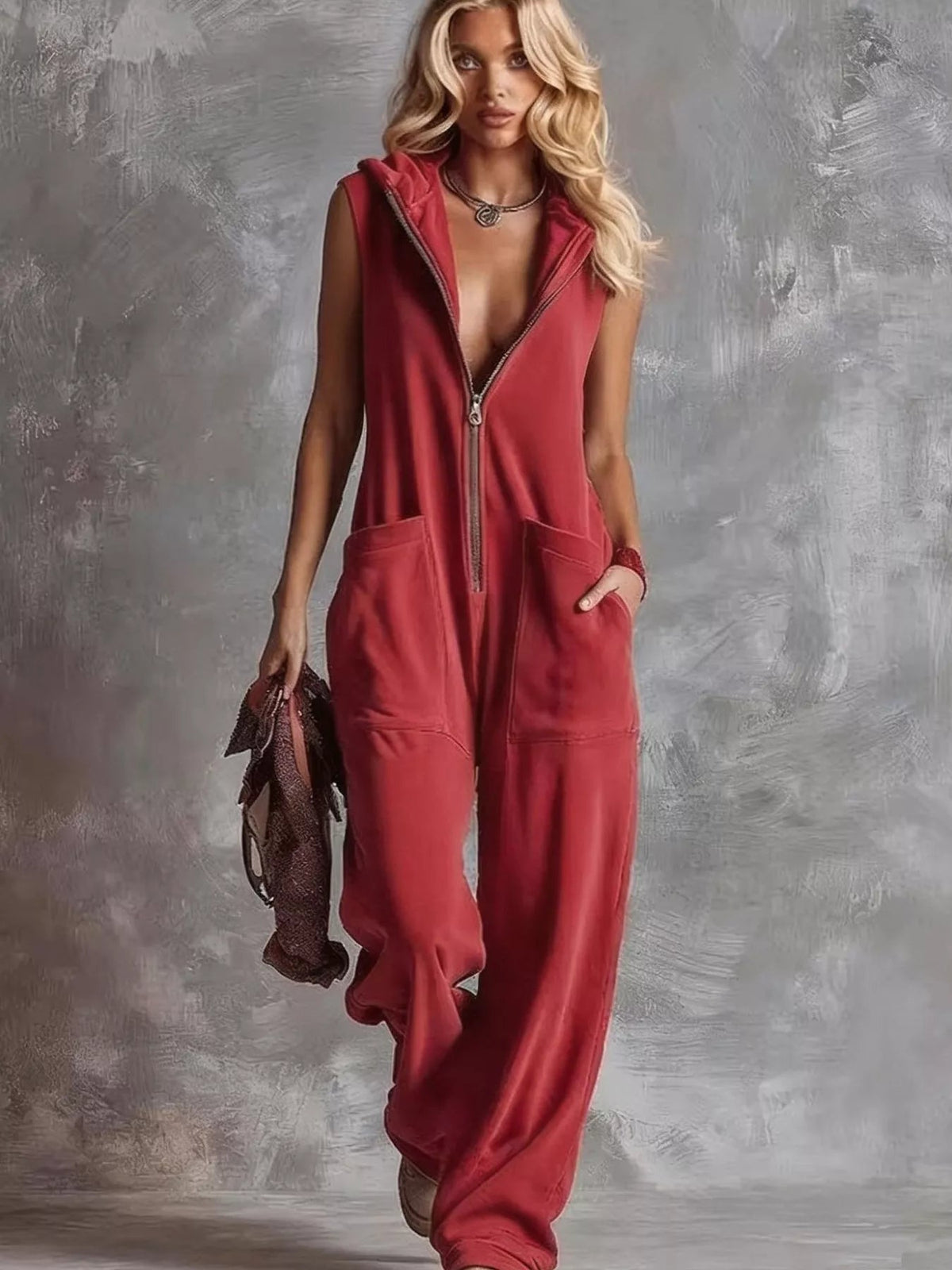 Sleeveless Hooded Zip-Front Casual Jumpsuit Trendsi