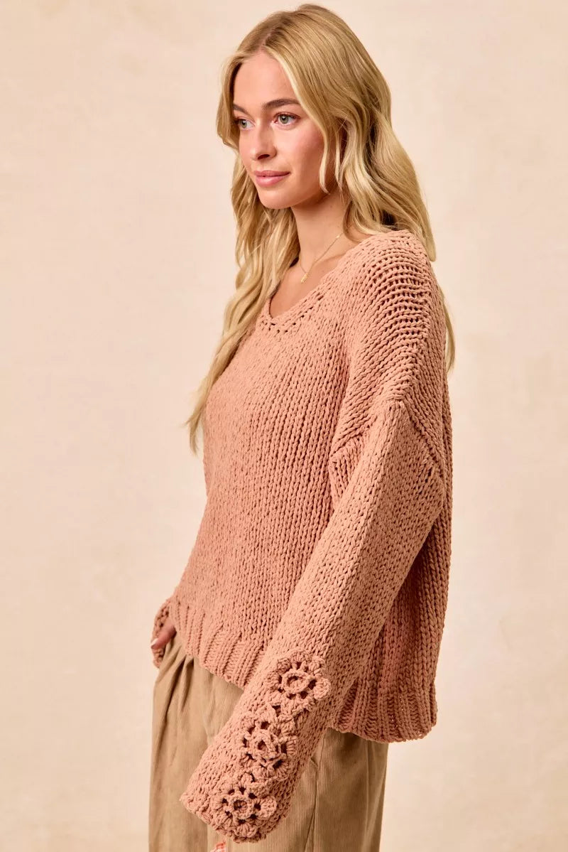 BiBi Chunky Knit Sweater with Flower Detail Sleeves Trendsi