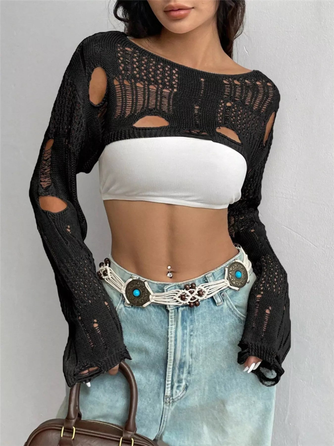 Distressed Cropped Knit Cover Up Trendsi