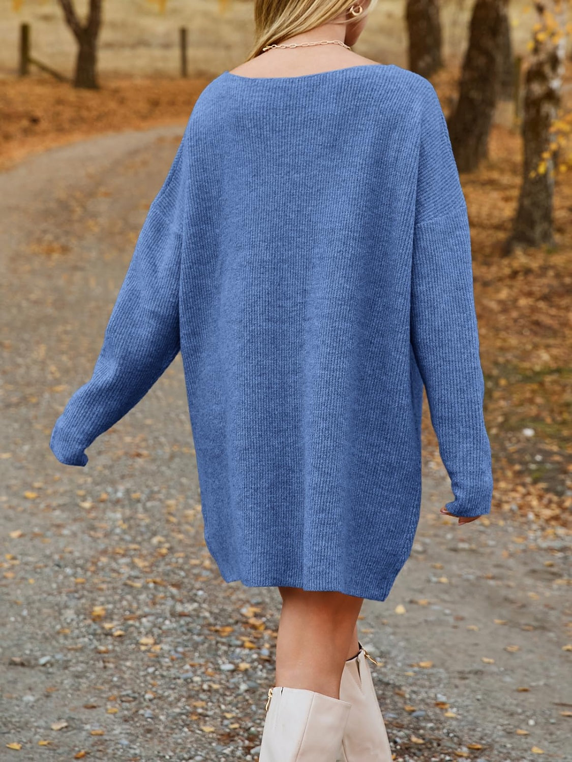 V-Neck Dropped Shoulder Sweater Dress Trendsi