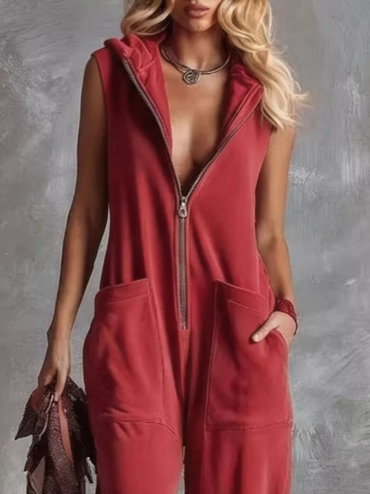 Sleeveless Hooded Zip-Front Casual Jumpsuit Trendsi