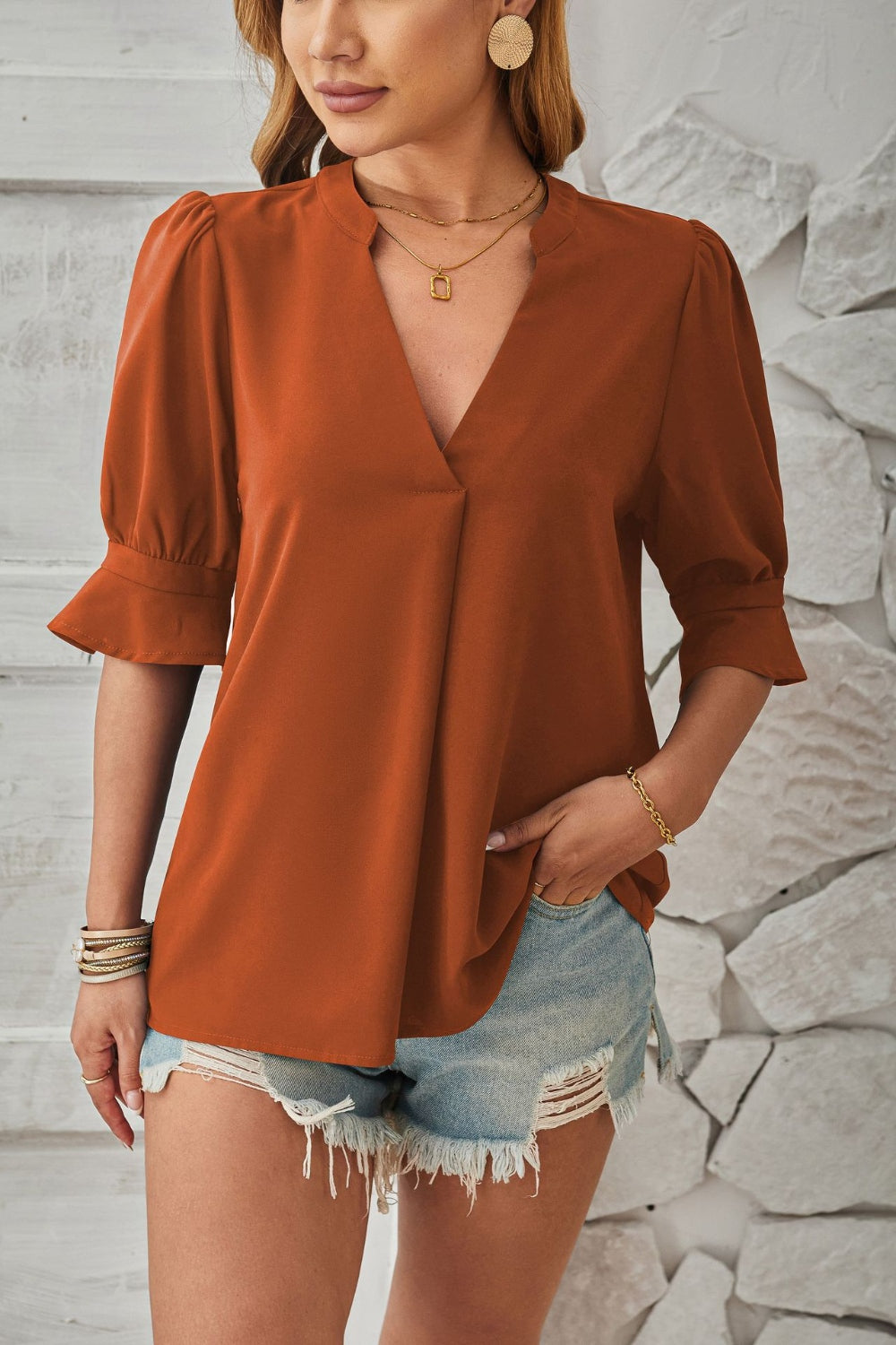 Notched Half Sleeve Blouse Trendsi