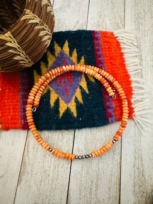 Navajo Orange Spiny & Sterling Silver Beaded Wrap 