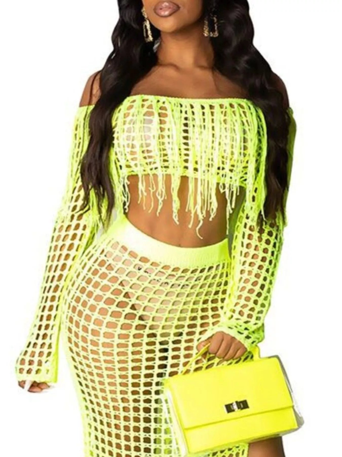 Full Size Crochet Off-Shoulder Fringe Top and Skirt Set Plus Size Trendsi