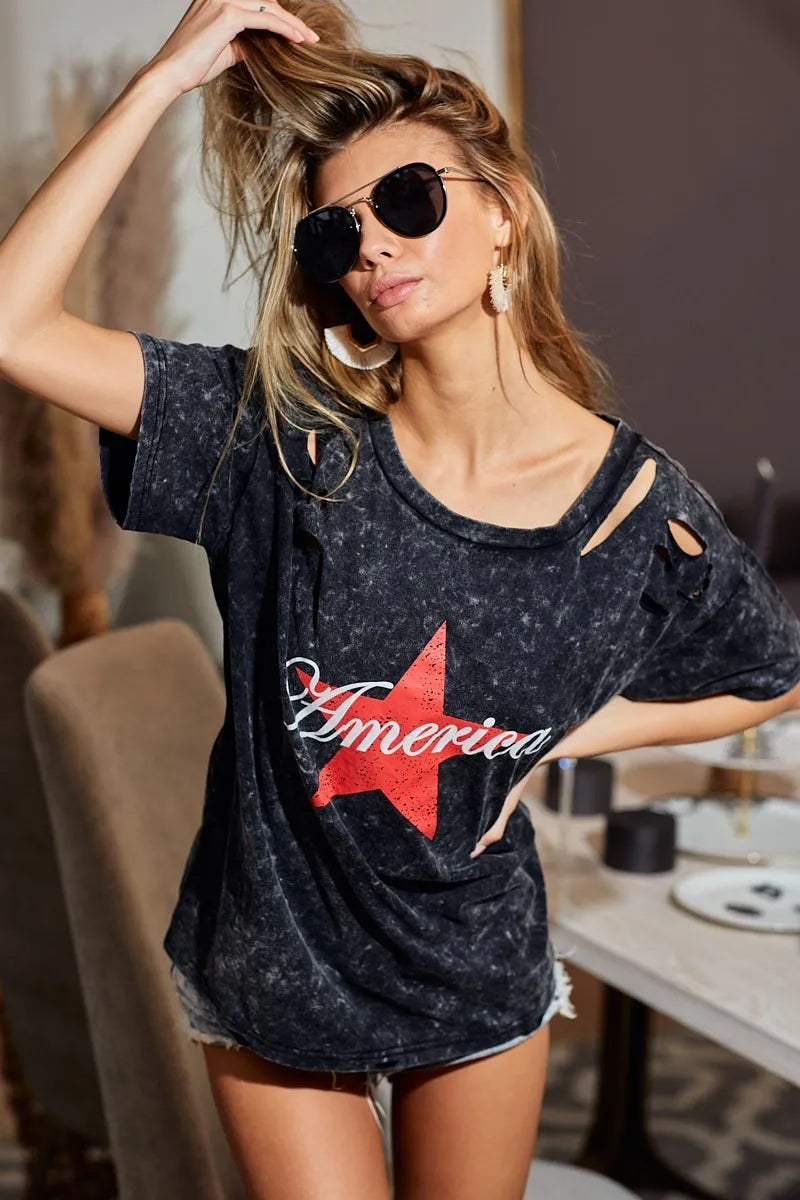 BiBi Laser Cut Mineral Washed Jersey Top with  America Trendsi