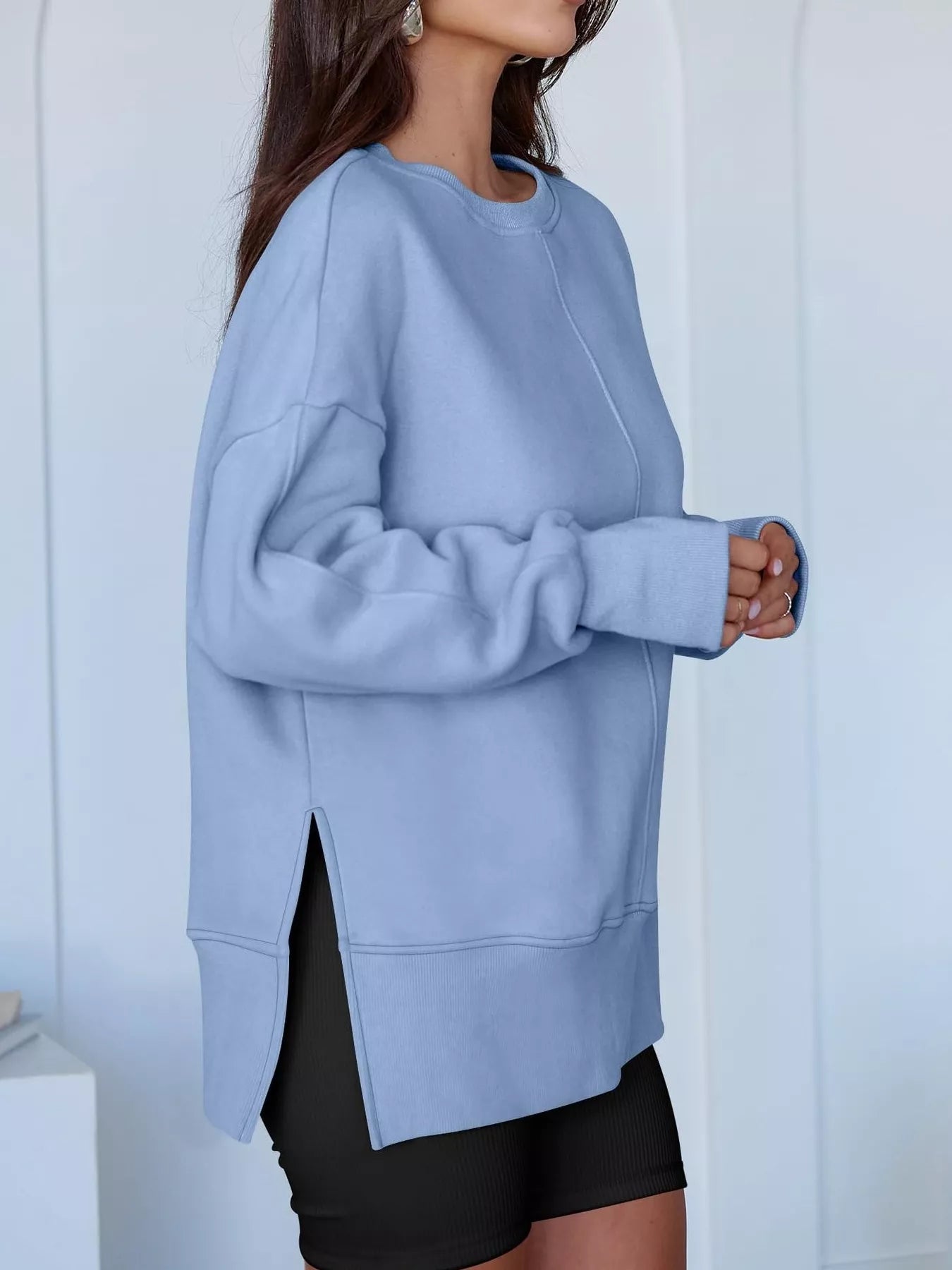 Side Slit Round Neck Long Sleeve Sweatshirt
