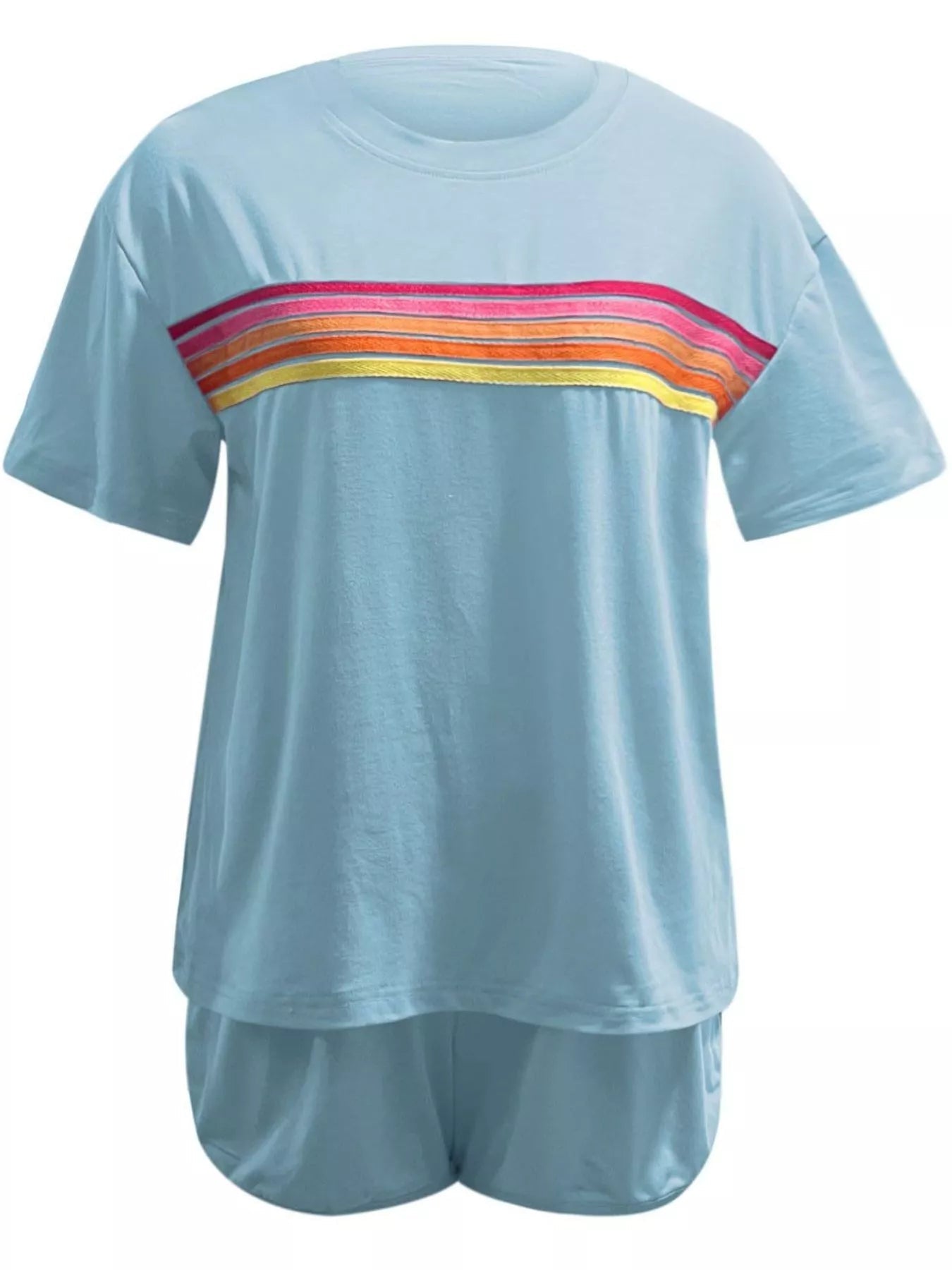 Rainbow Striped Round Neck Top and Shorts Set Trendsi