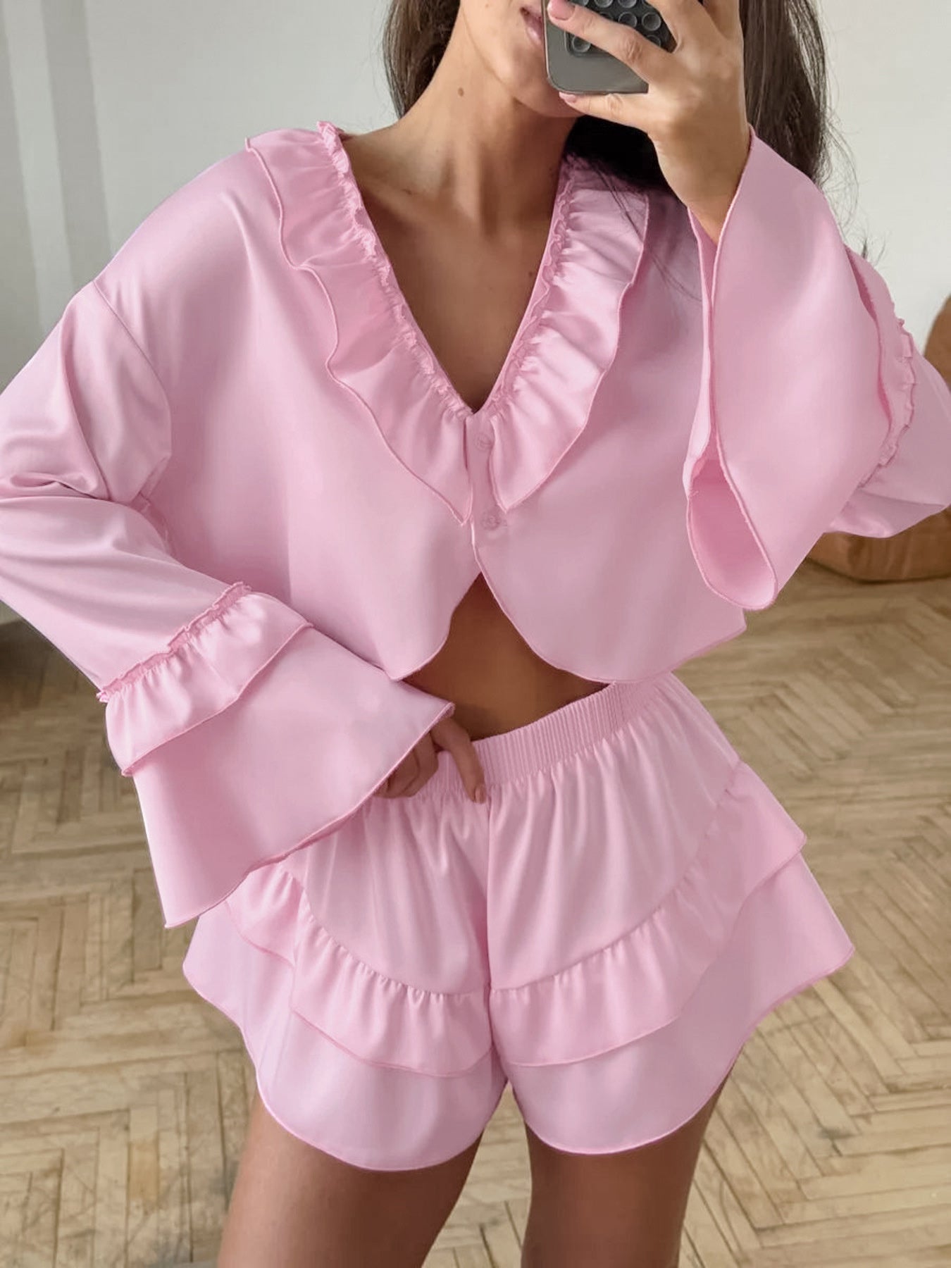 Ruffled V-Neck Top and Shorts Set Trendsi