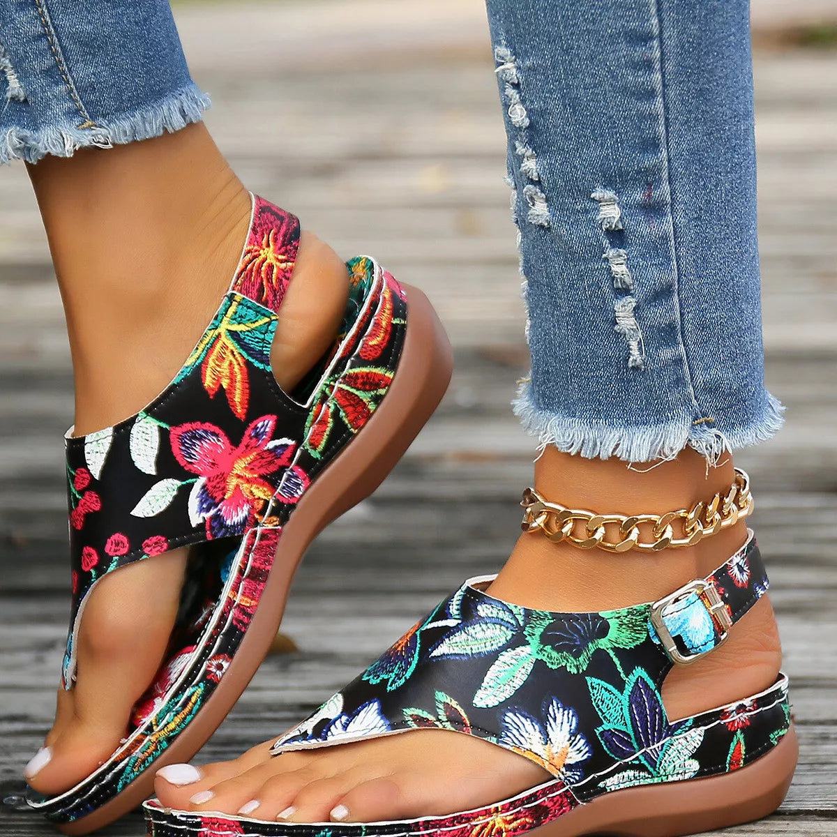 Floral Thong Wedge Sandals Trendsi