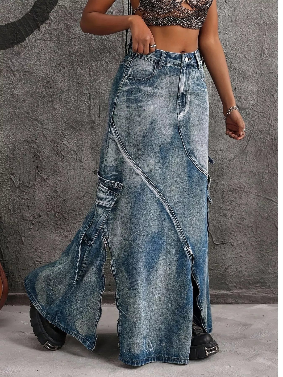 High-Waisted Denim Maxi Skirt with Zipper Slit Trendsi