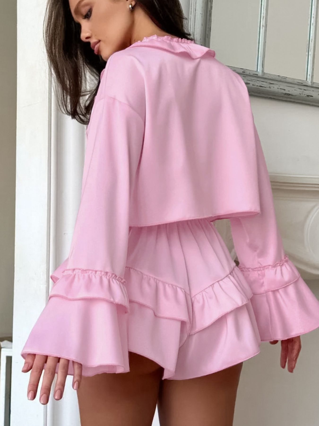 Ruffled V-Neck Top and Shorts Set Trendsi
