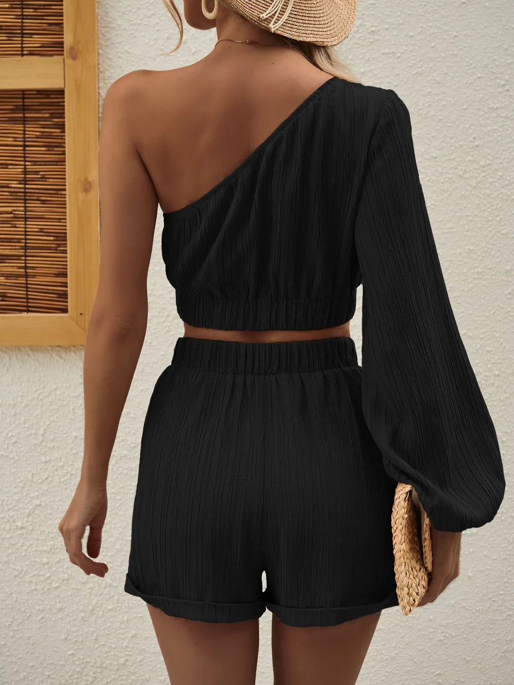 Honey One Shoulder Long Sleeve Top and Shorts Set 