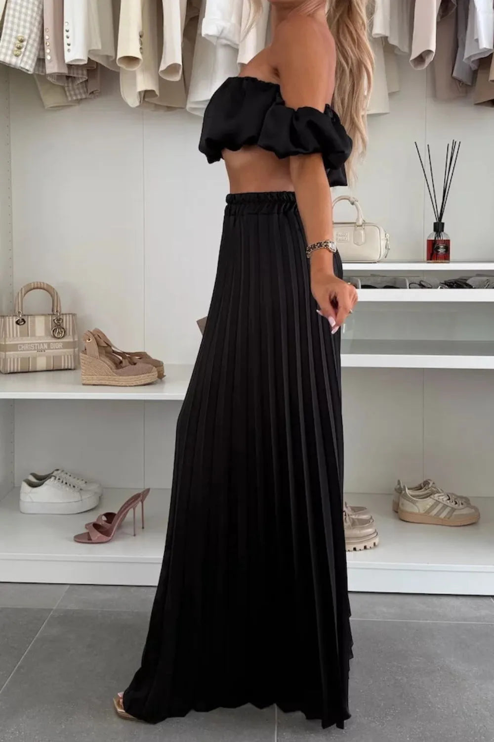 Off-Shoulder Top and Pleated Pants Set Luckygirlsclothingcompany.com