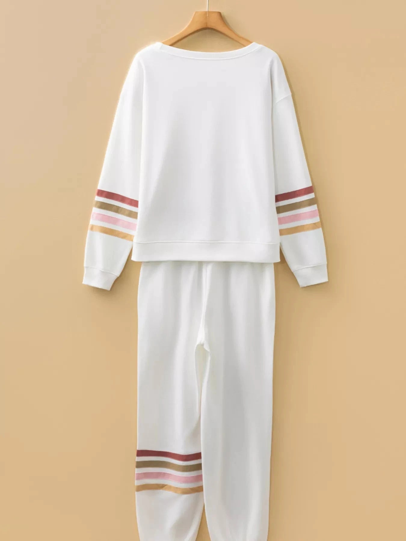 Striped Trim Round Neck Top and Pants Set 