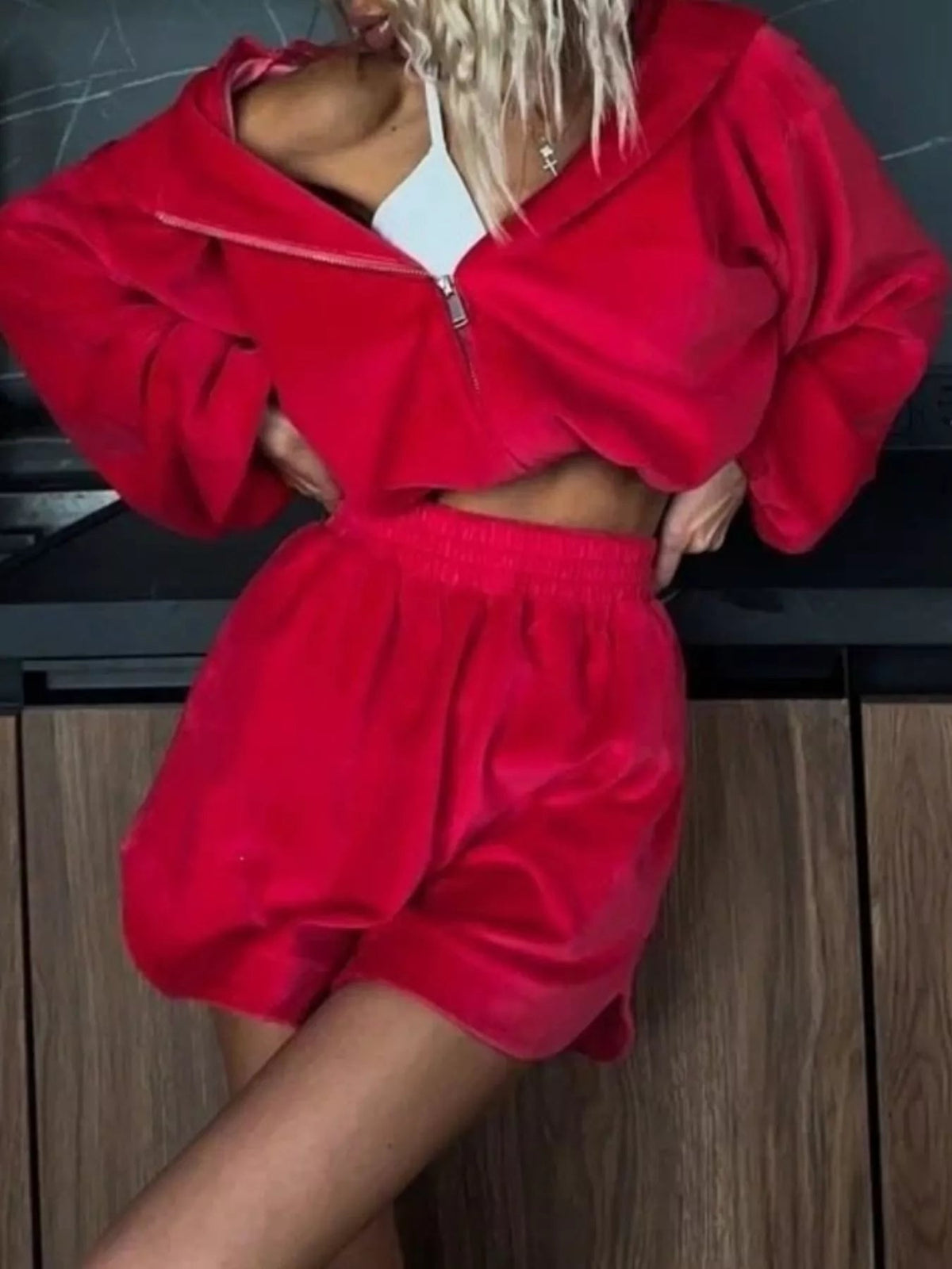 Zip Up Crop Hoodie and Shorts Set Trendsi