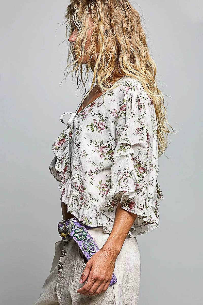 POL Ruffle Tie Front Cropped Floral Woven Flutter Sleeve Top Trendsi