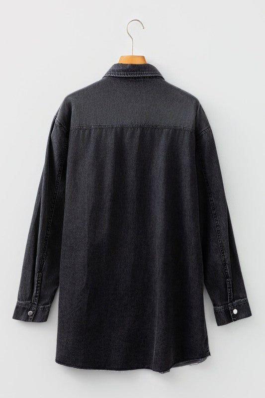 Solid Denim Chest Pocket Raw Hem Shirt Dress JUNIPER BLVD