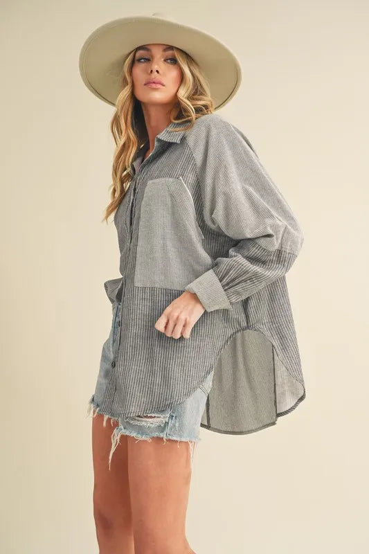 Aemi + Co Striped Collared Neck Lantern Sleeve Shirt Trendsi