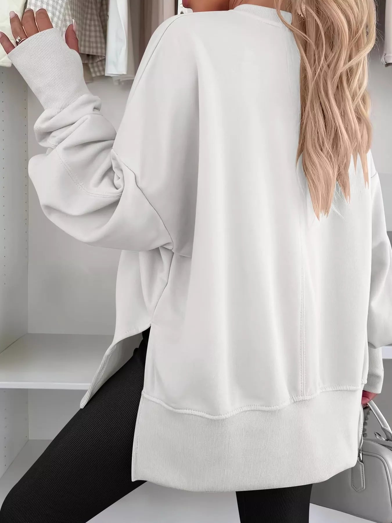Side Slit Round Neck Long Sleeve Sweatshirt 