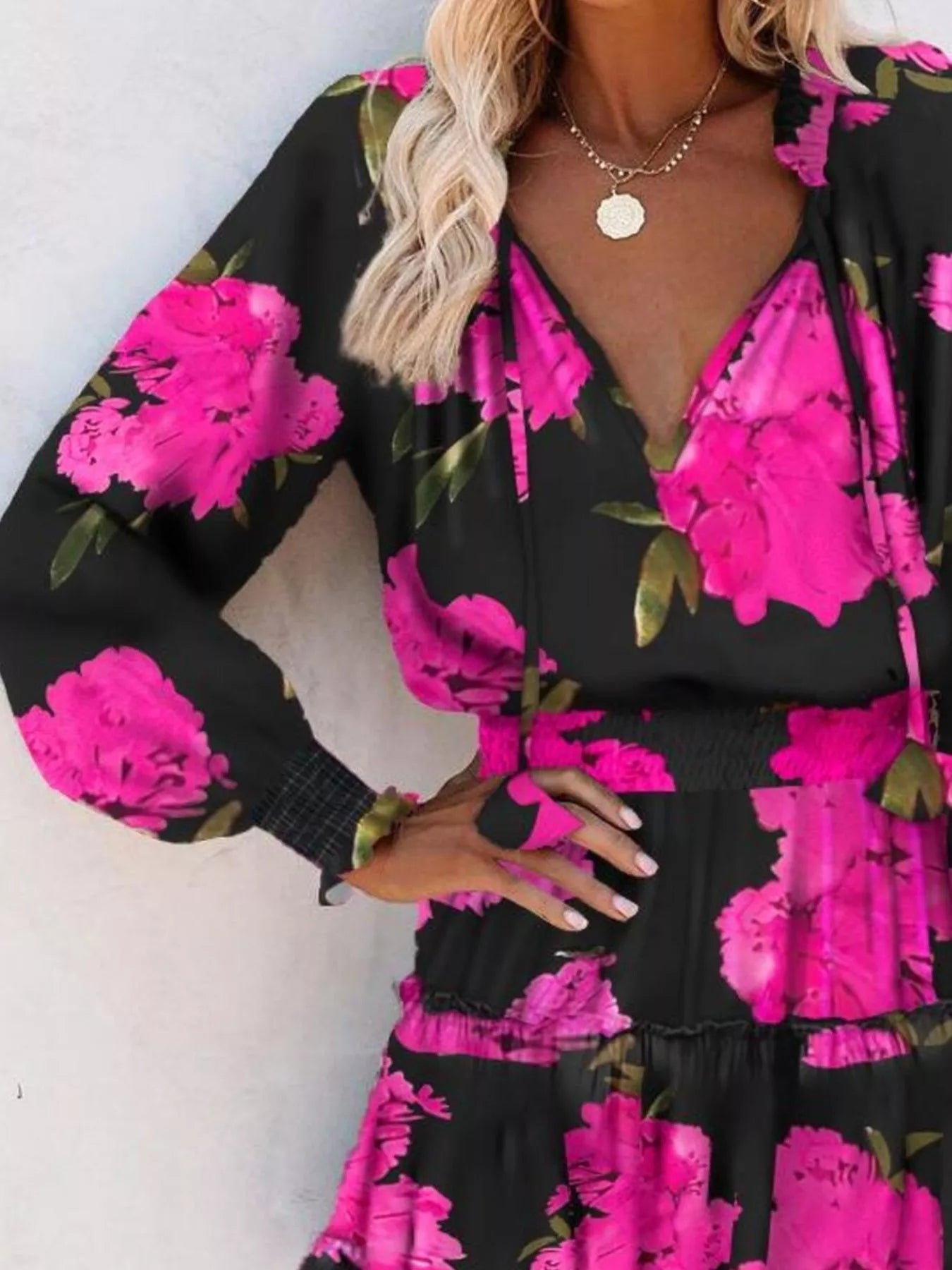 Tie Neck Lantern Sleeve Dress Trendsi