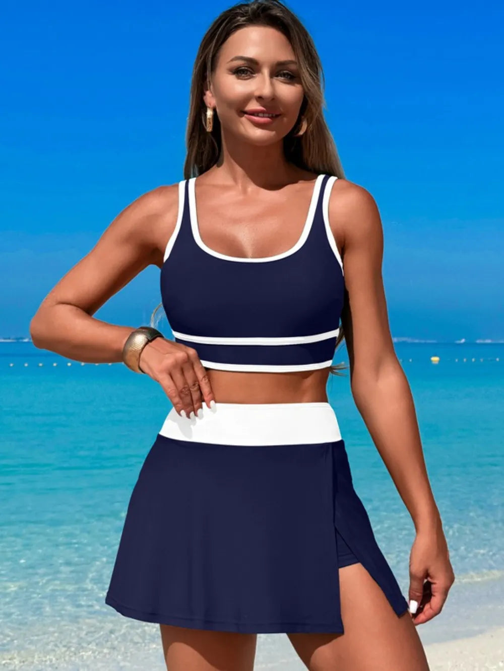Scoop Neck Top and Skort Swim Set 