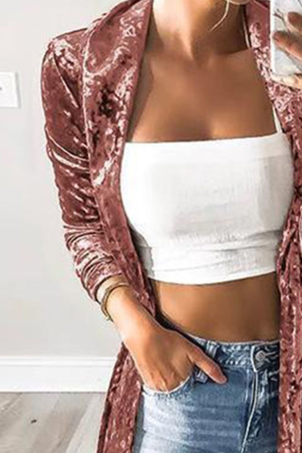 Open Front Long Sleeve Longline Velvet Cardigan 