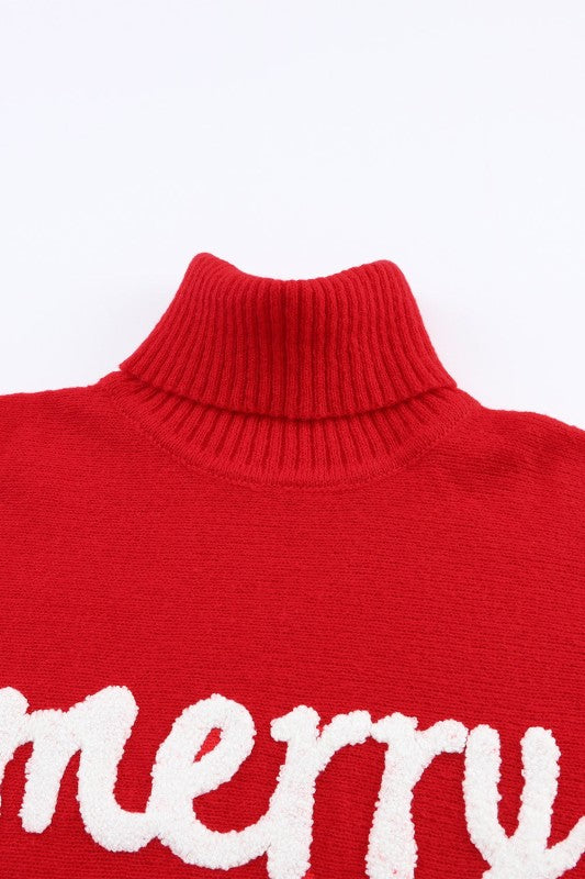 Christmas Merry Embroidered Puff Sleeve Turtleneck 