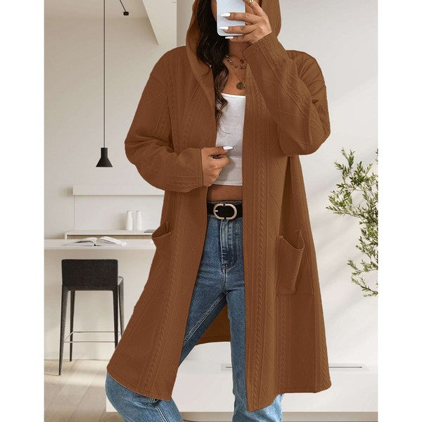 Womens Long Cardigans Cable Knitted Open Front 