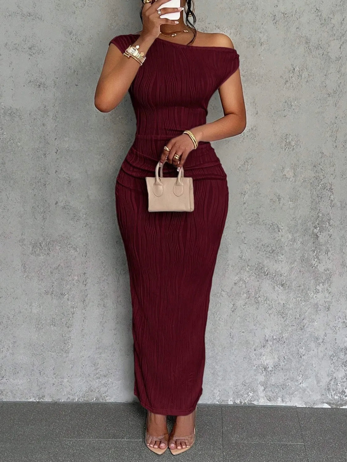 Textured Single Shoulder Maxi Dress 