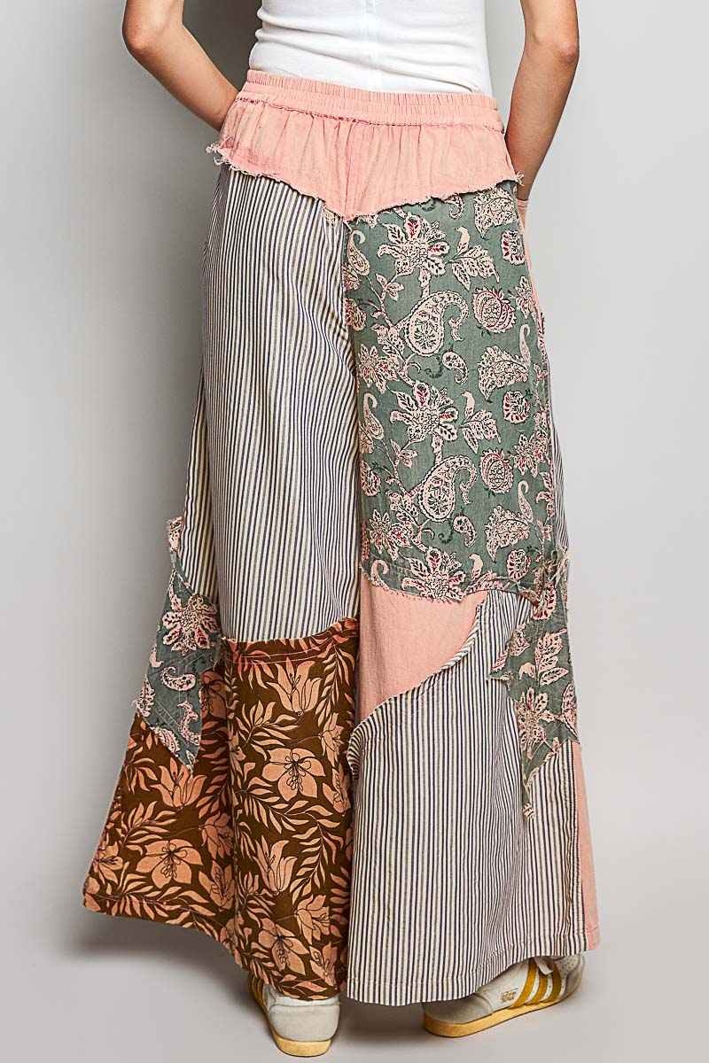 POL Striped Floral Patchwork Wide leg Pants with Side Big Star Patch Trendsi