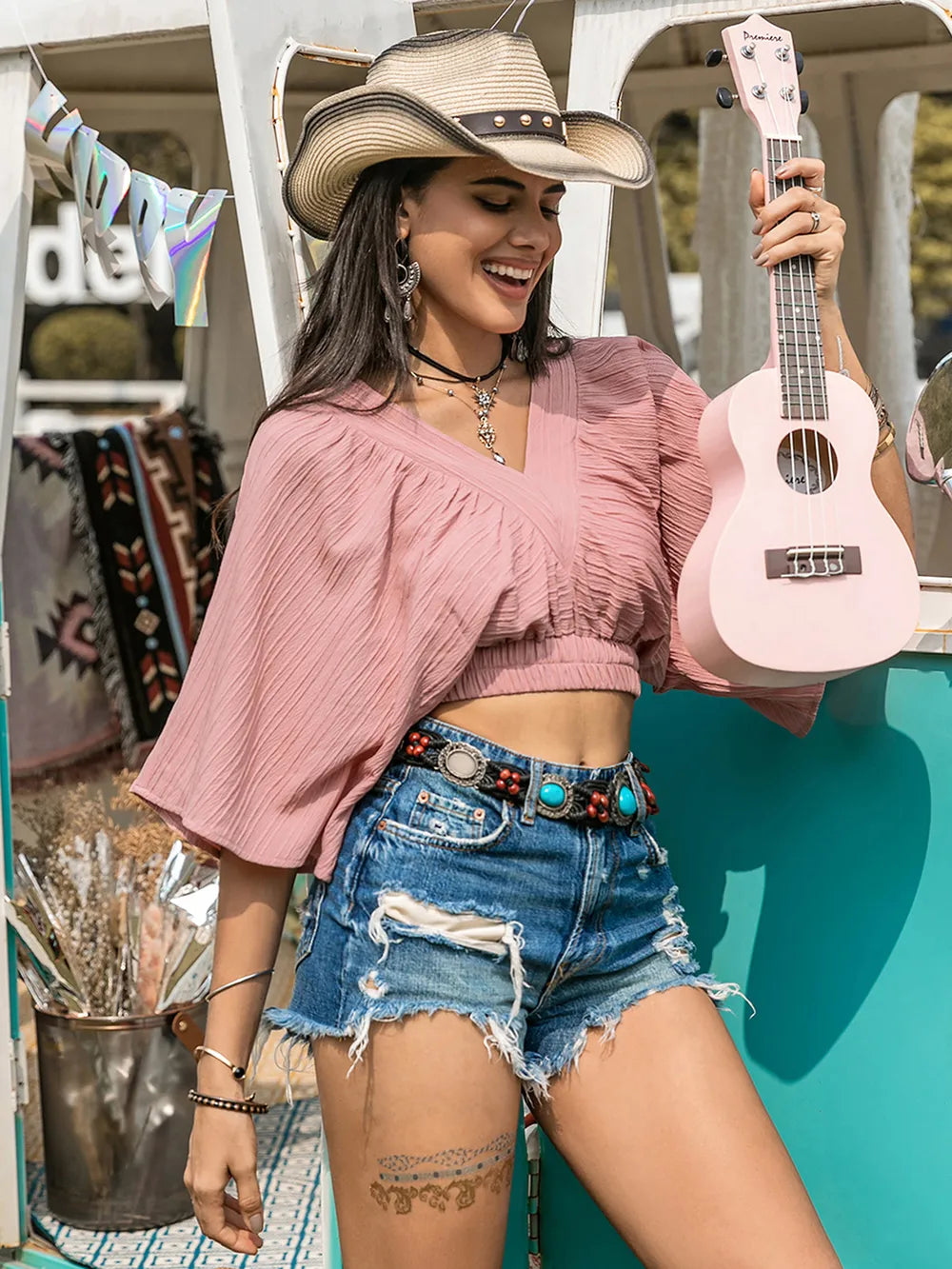 Textured V-Neck Crop Top 