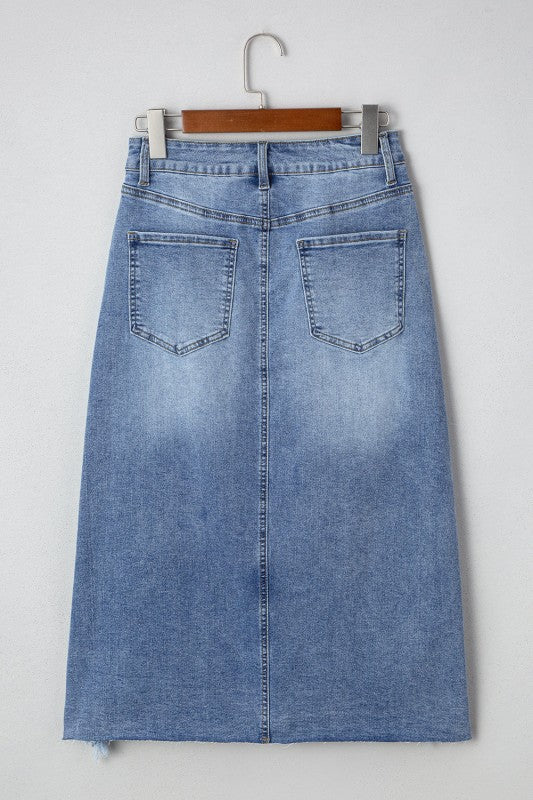 Denim Distressed Midi Skirt JUNIPER BLVD
