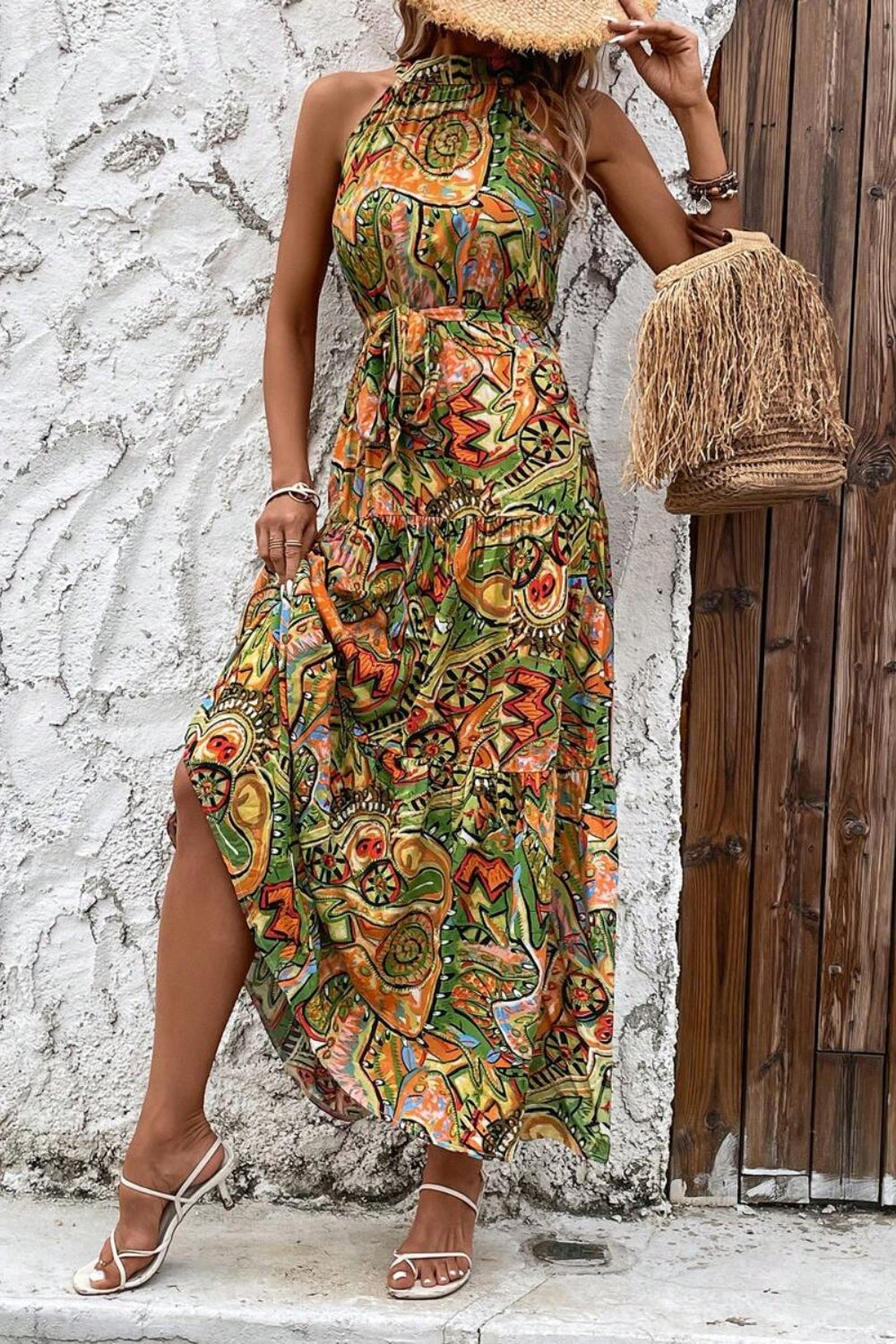 Tied Floral Sleeveless Dress Trendsi