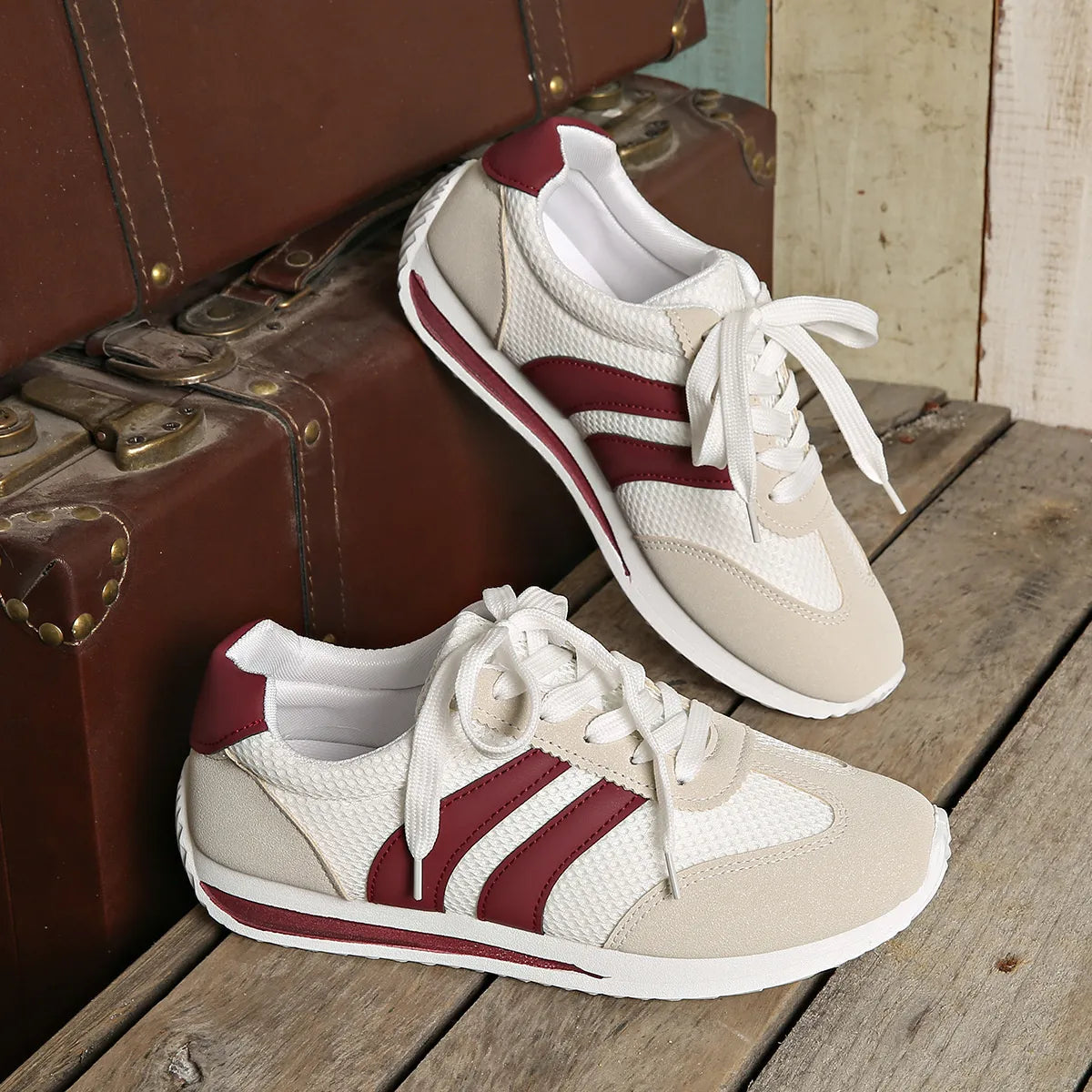 Striped Contrast Mesh Lace Up Sneakers 