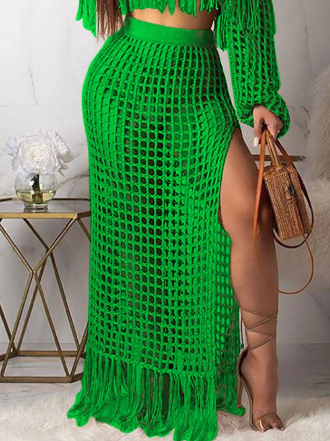 Full Size Crochet Off-Shoulder Fringe Top and Skirt Set Plus Size Trendsi