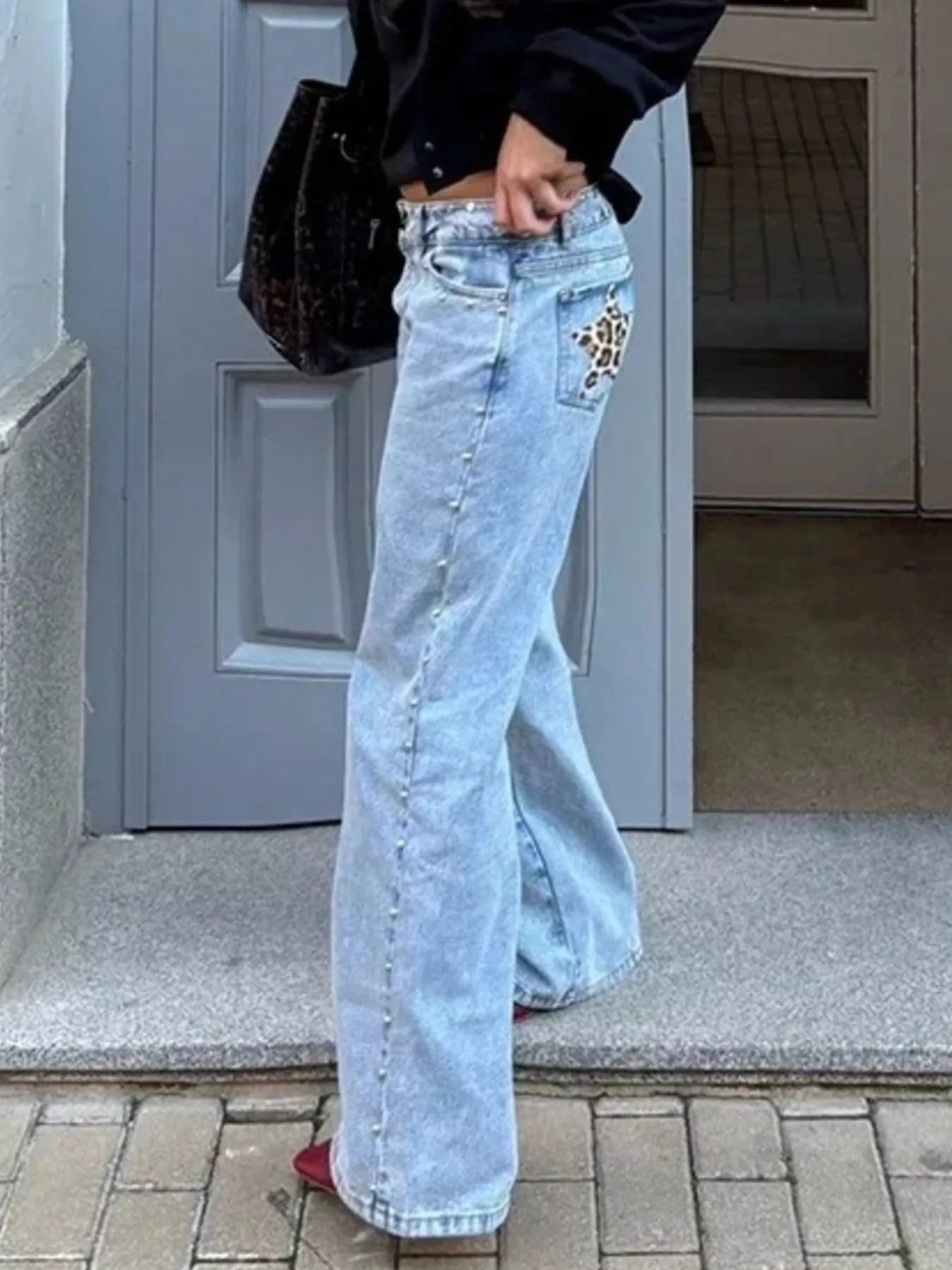 Leopard Star Patches Wide Leg Jeans Trendsi