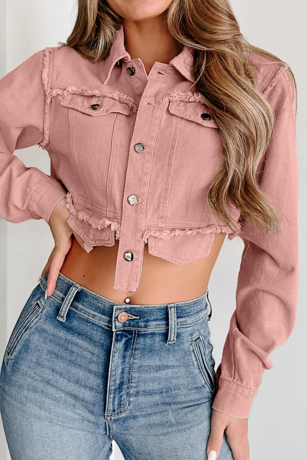 Raw Hem Button Up Cropped Denim Top Trendsi