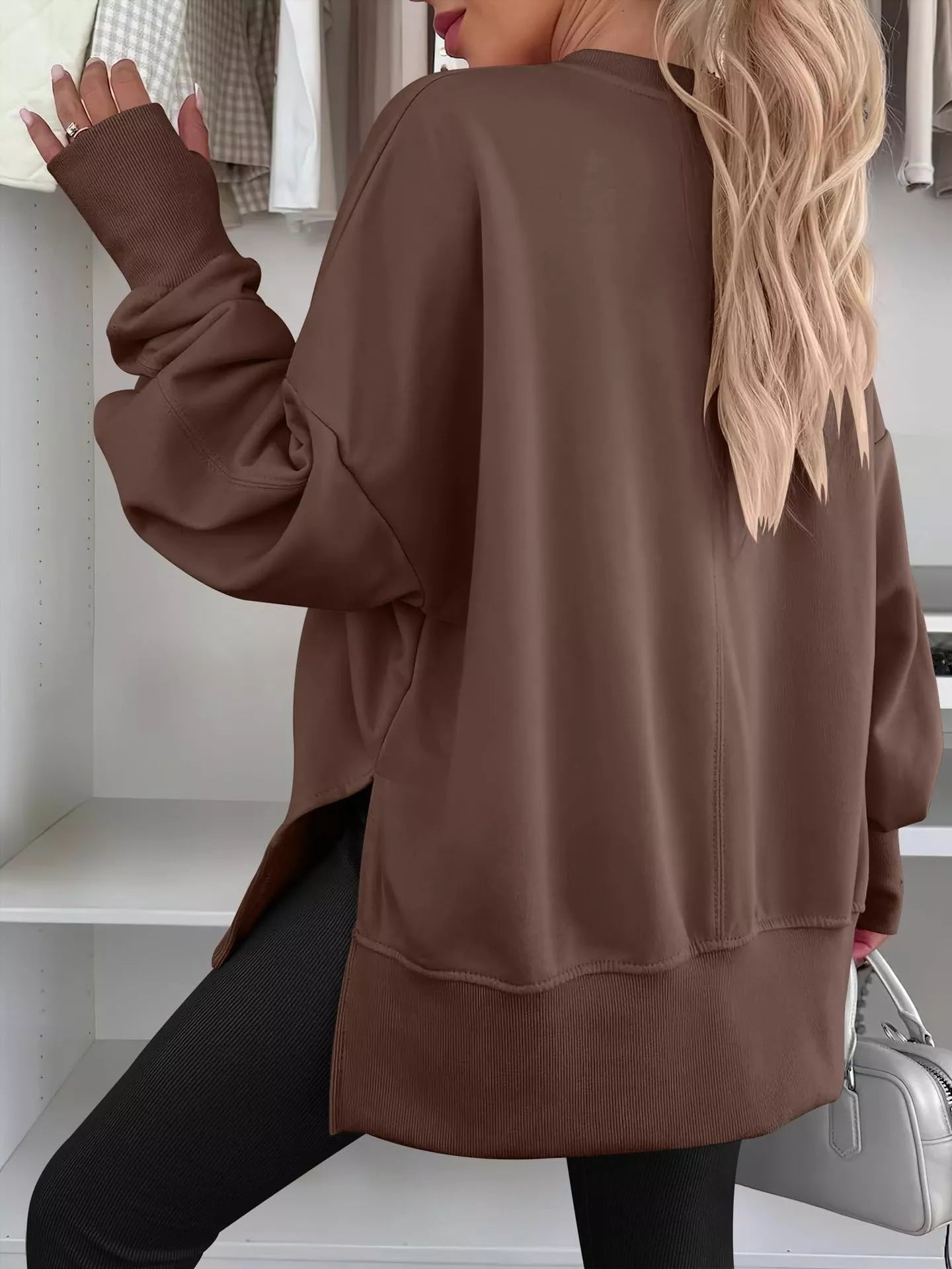 Side Slit Round Neck Long Sleeve Sweatshirt 
