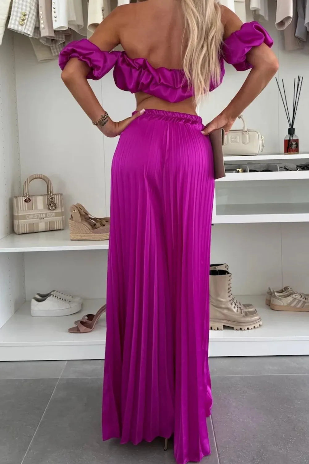 Off-Shoulder Top and Pleated Pants Set Luckygirlsclothingcompany.com